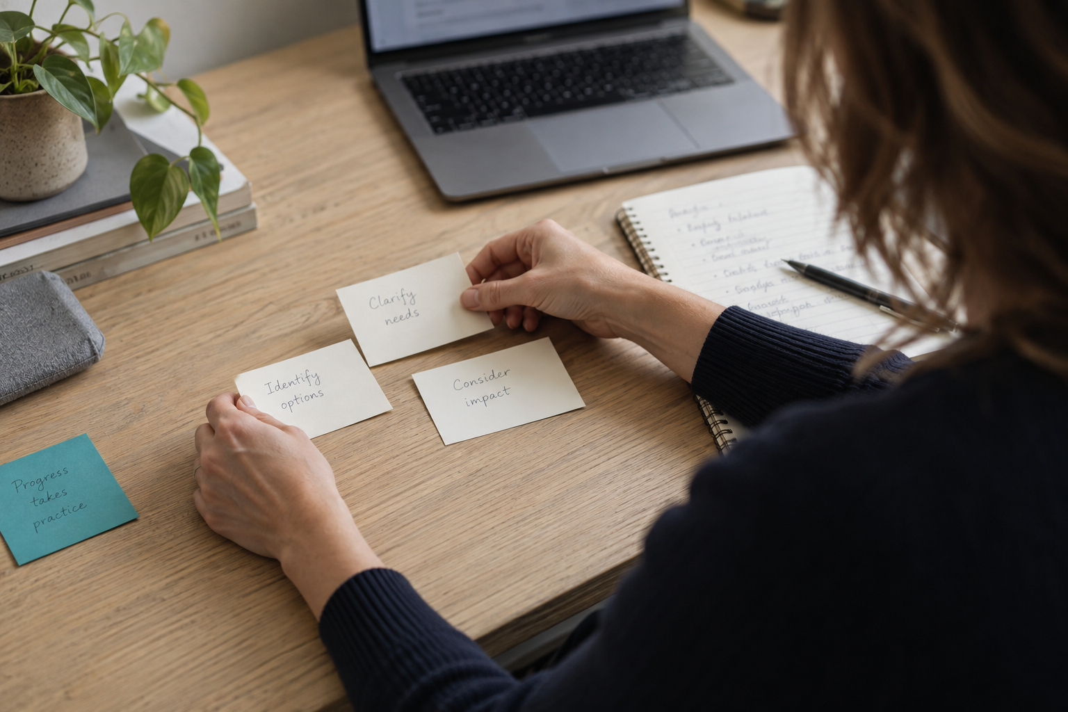 A person organising notes about needs, options and impact beside a notebook and laptop.